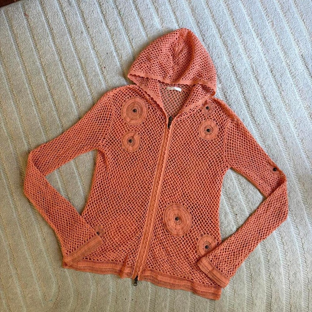 Mifresia Orange crochet zip up hoodie size M Boho Hippie Indie Beach Vacation